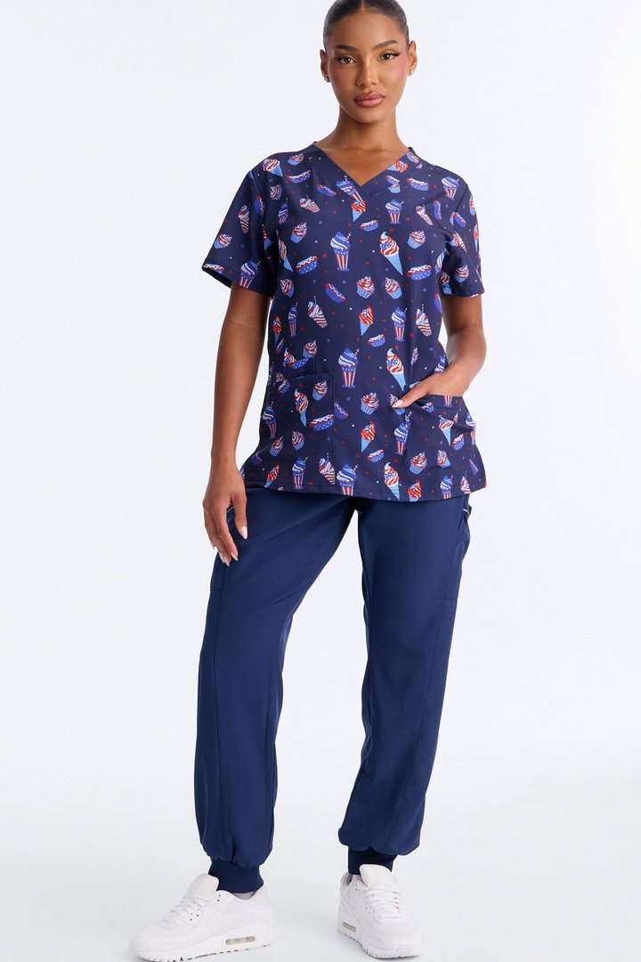 Snack Break Scrub Top - Navy/combo