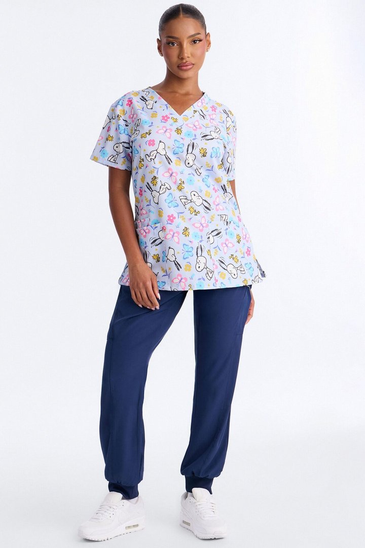 Day In The Garden Floral Butterfly V-Neck Scrub Top - Purple/combo