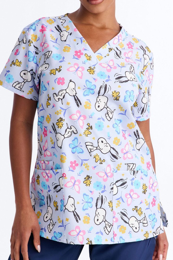 Day In The Garden Floral Butterfly V-Neck Scrub Top - Purple/combo