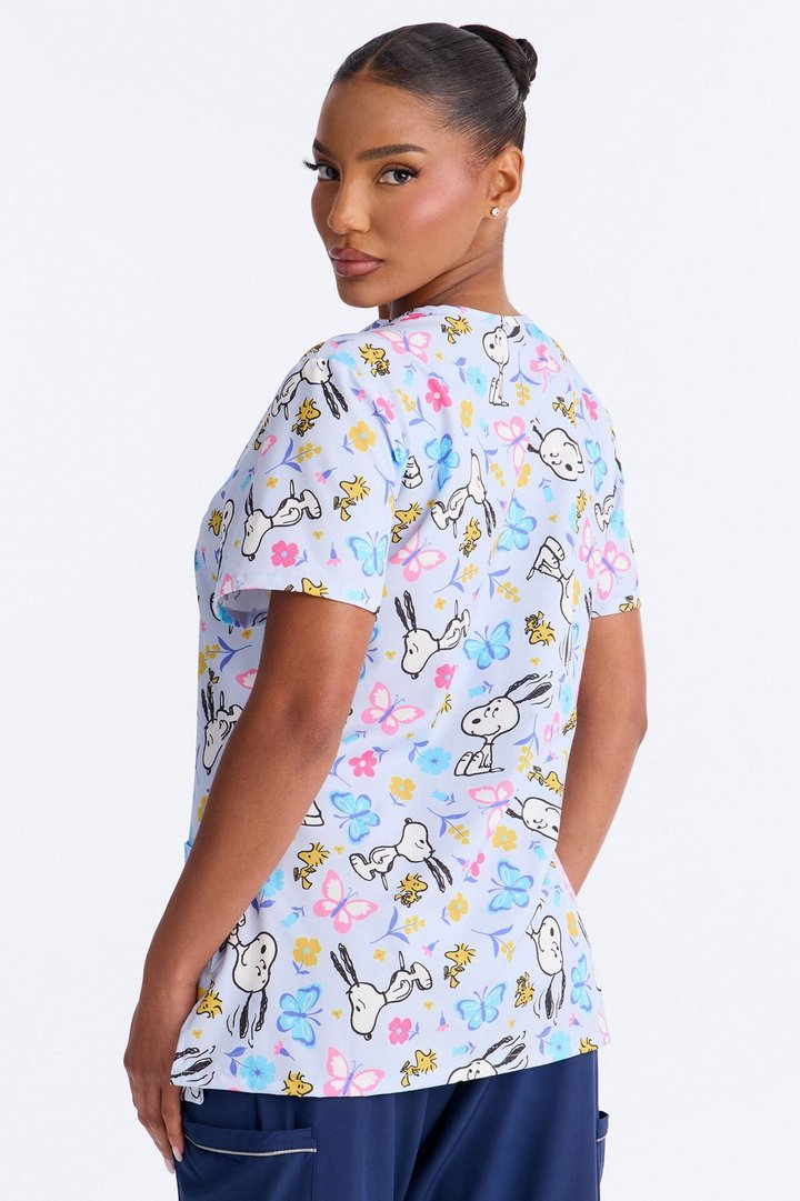 Day In The Garden Floral Butterfly V-Neck Scrub Top - Purple/combo
