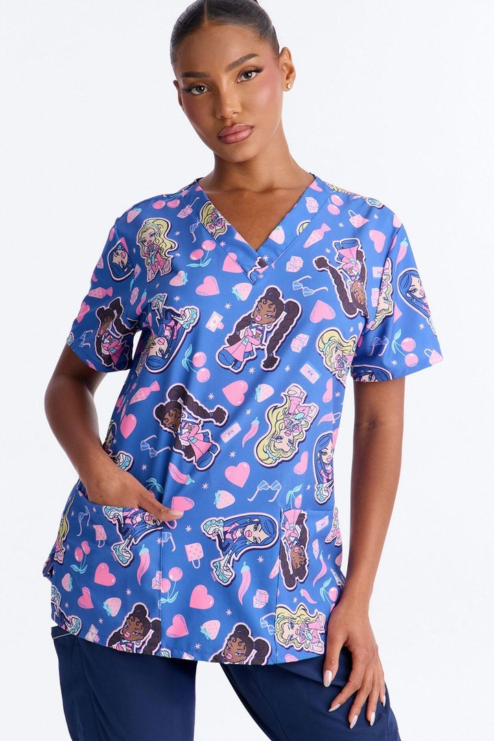 Iconic Retro Bratz V-Neck Scrub Top - Blue/combo