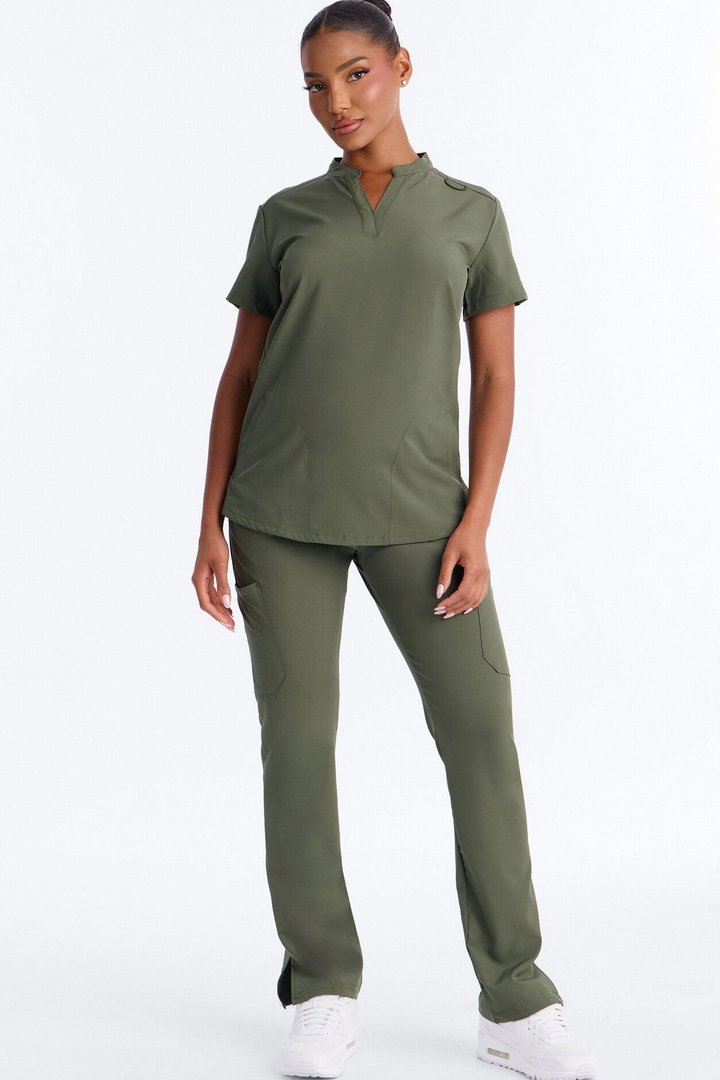 It's Go Time Collared Open Leg Uniform Scrub Set - Olive