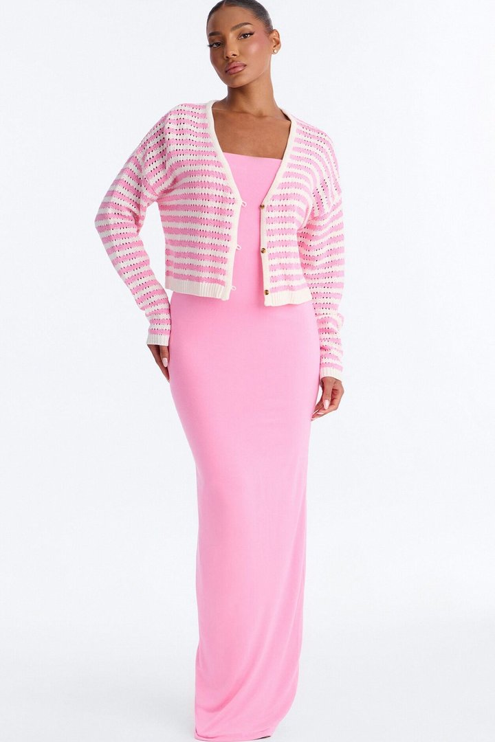 Gigi 2 Piece Maxi Dress Cardigan Set - Pink