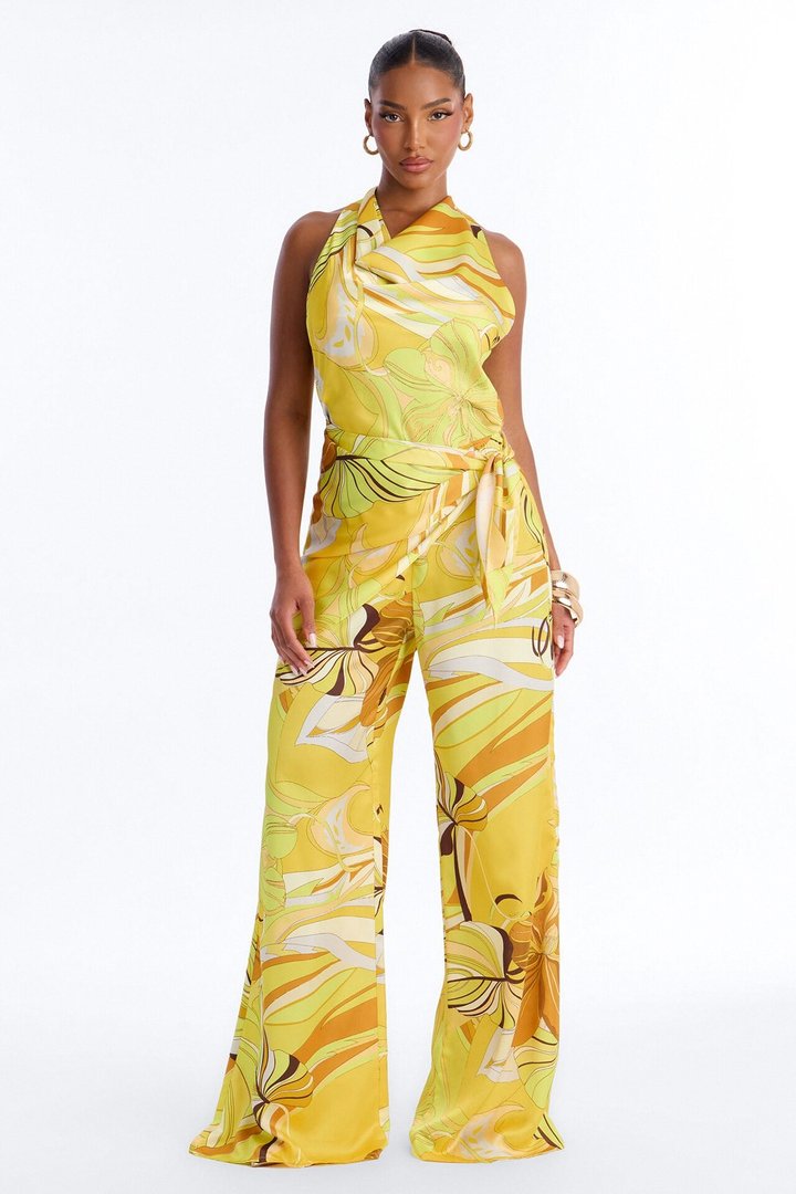 Celia 2 Piece Satin Waist Scarf Jumpsuit - Yellow