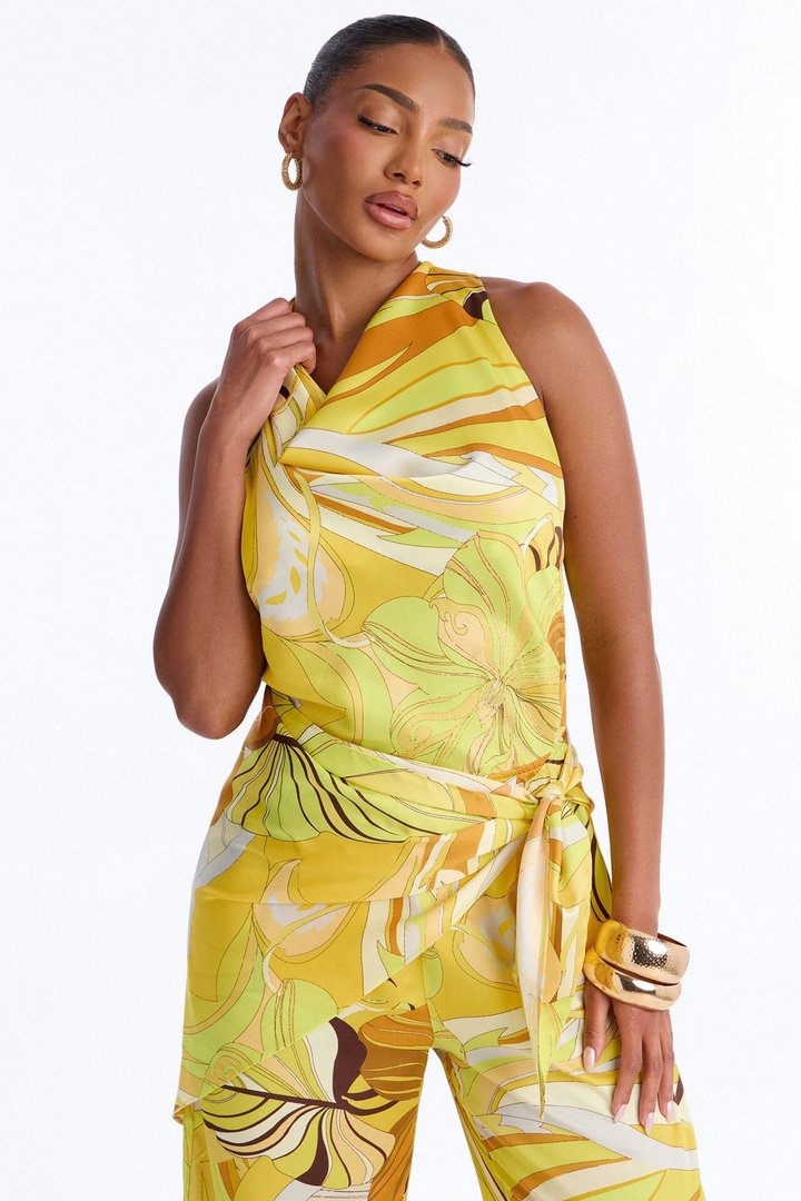 Celia 2 Piece Satin Waist Scarf Jumpsuit - Yellow