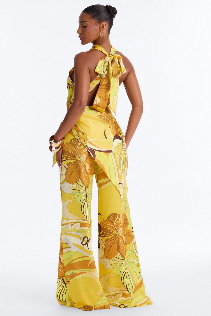 Celia 2 Piece Satin Waist Scarf Jumpsuit - Yellow