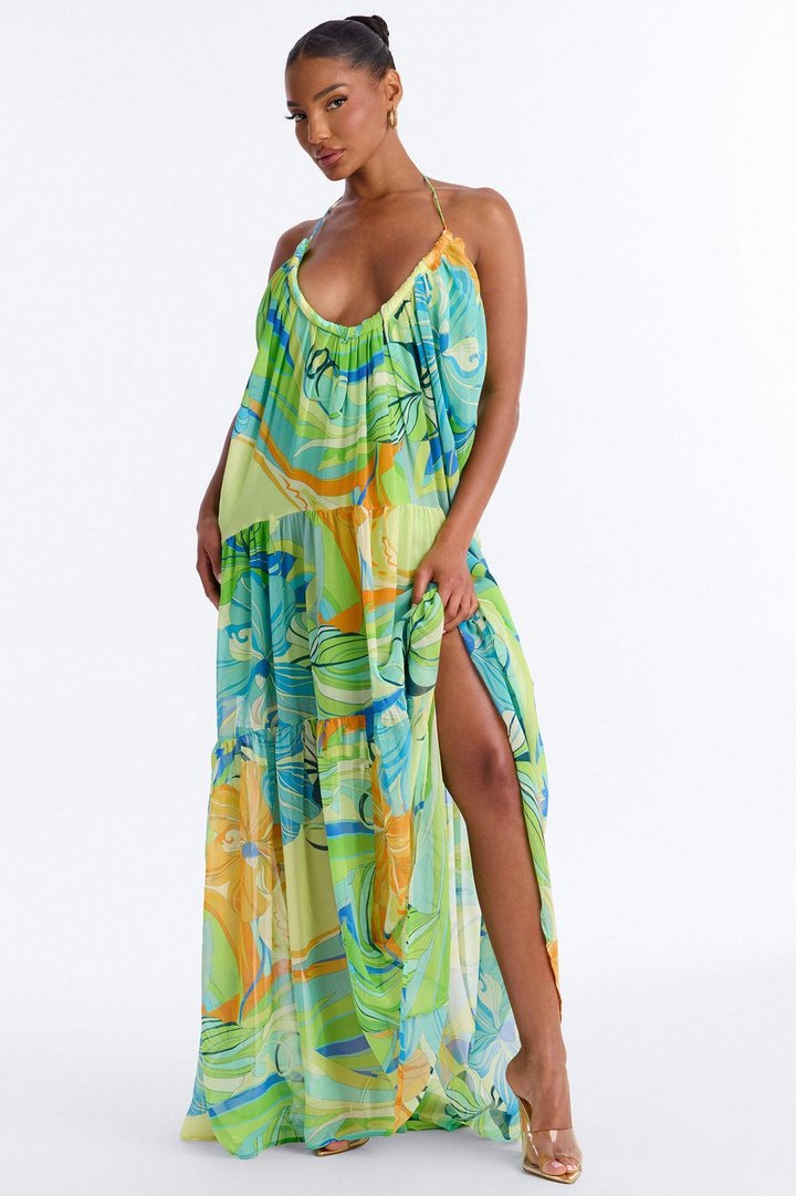 She's Expensive Chiffon Maxi Dress - Green/combo
