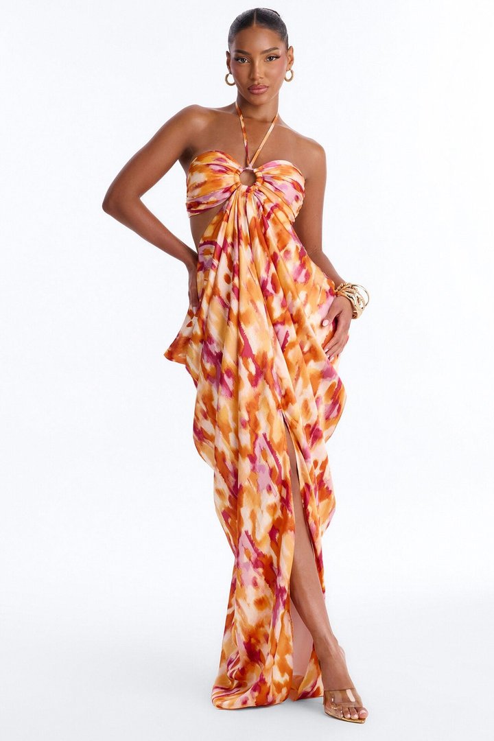 Azaria Satin Draped Maxi Dress - Orange/combo