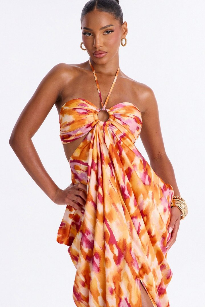 Azaria Satin Draped Maxi Dress - Orange/combo