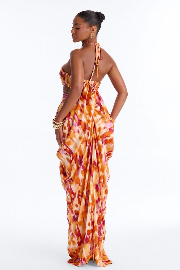 Azaria Satin Draped Maxi Dress - Orange/combo