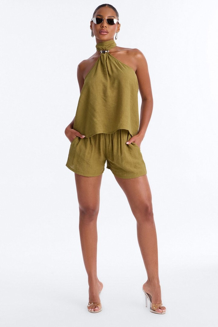 Chloe Halter Textured Short Set - Olive