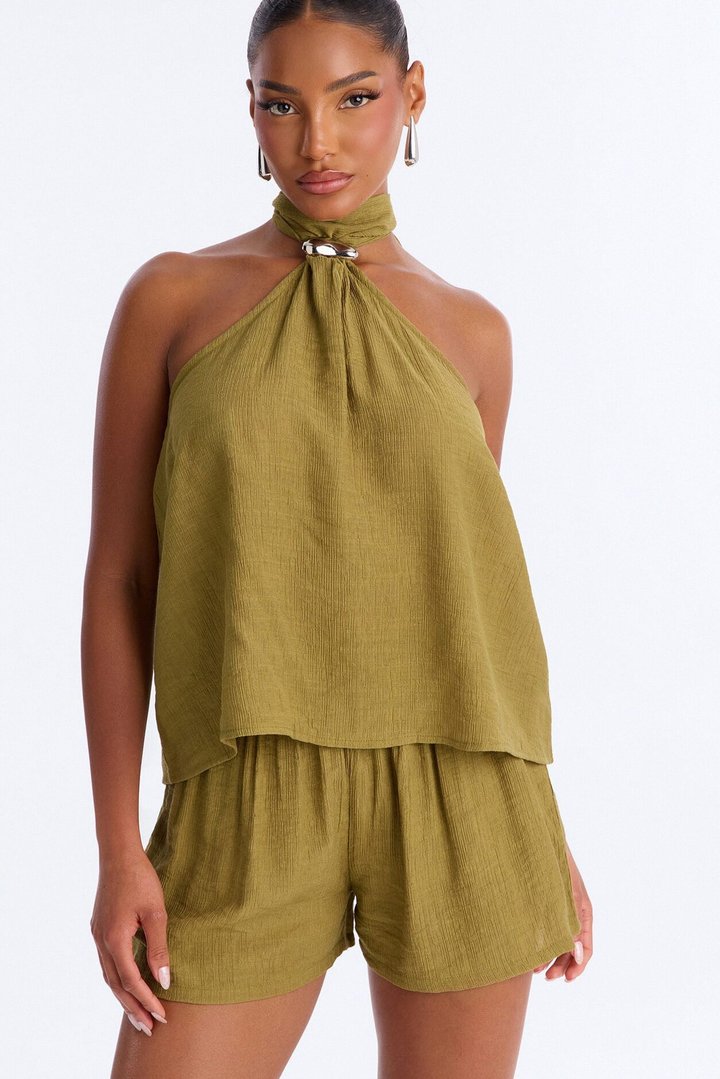 Chloe Halter Textured Short Set - Olive