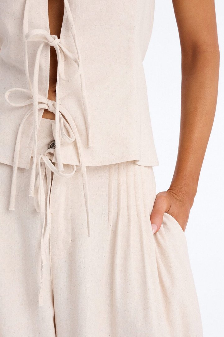 Nikki Tie Front Pleated Pant Set - Oatmeal