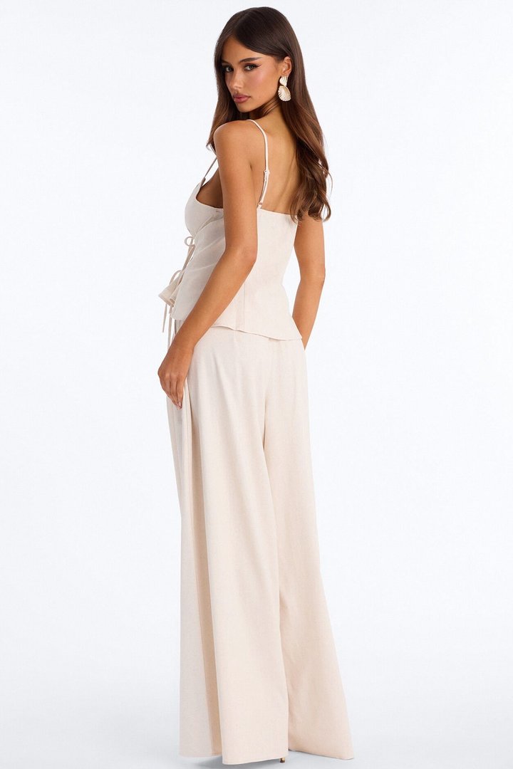 Nikki Tie Front Pleated Pant Set - Oatmeal
