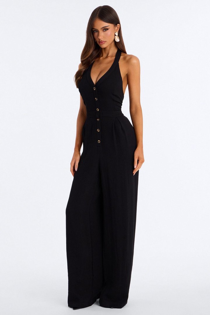 Liana Linen Halter Jumpsuit - Black