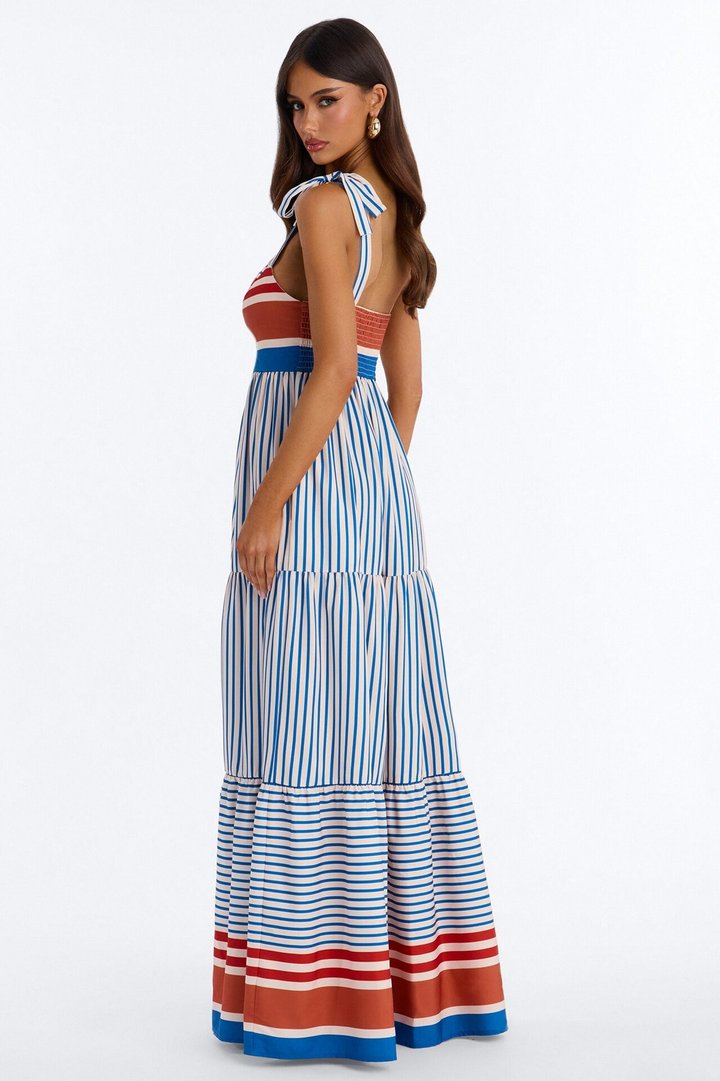 Sunbathing Tie Shoulder Maxi Dress - Blue/combo