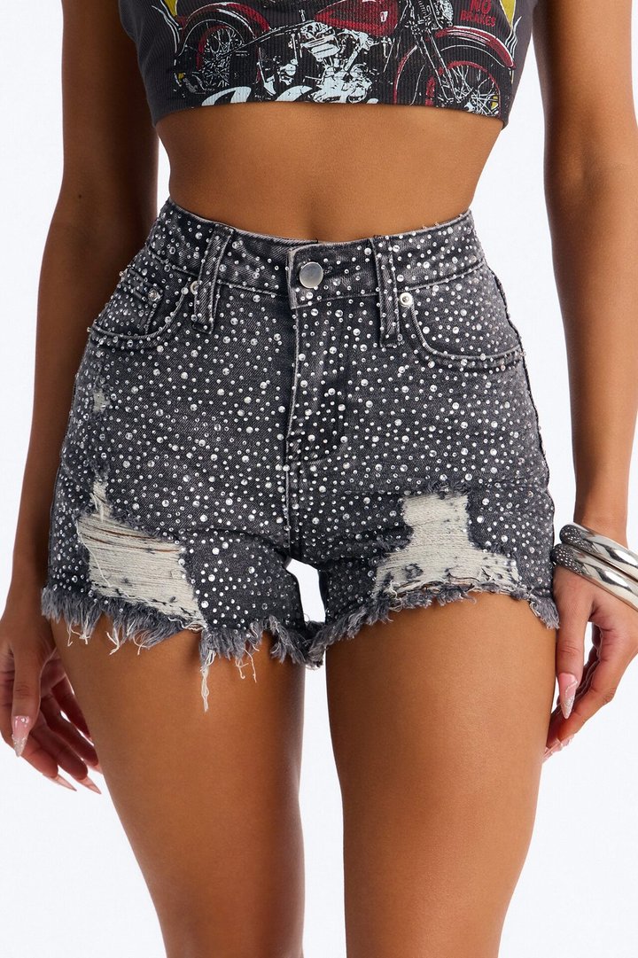 Fancy Pants Embellished Ripped Denim Shorts - Grey