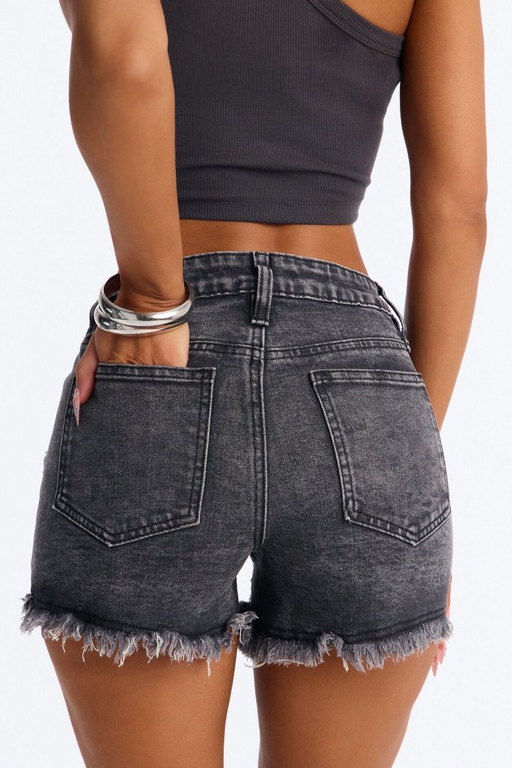 Fancy Pants Embellished Ripped Denim Shorts - Grey