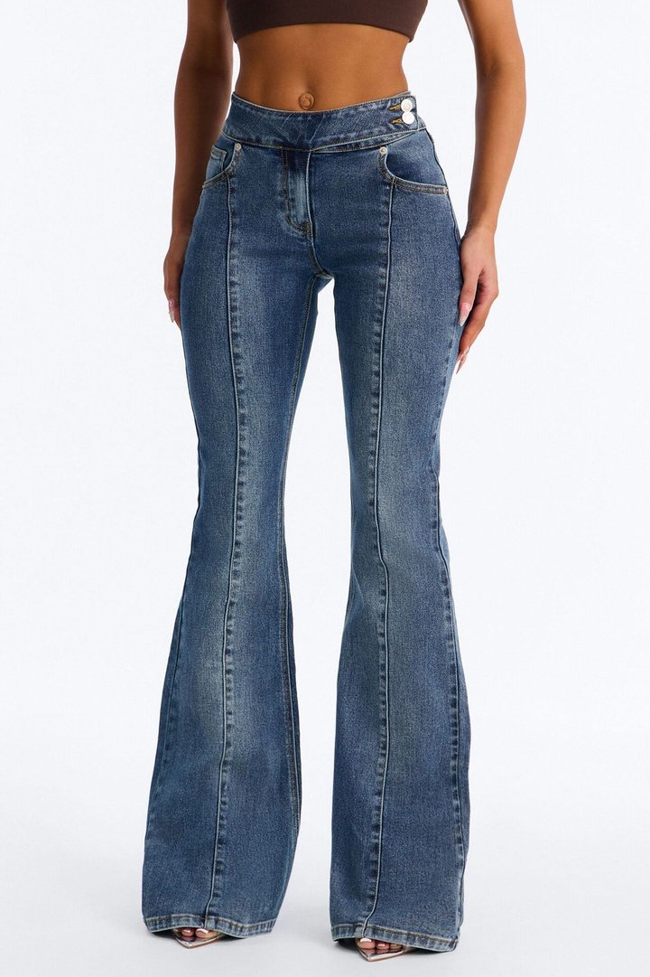 Another Fun Night Dipped Low Rise Flare Jeans - Vintage Wash