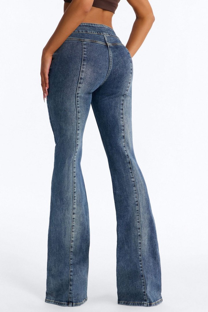 Another Fun Night Dipped Low Rise Flare Jeans - Vintage Wash