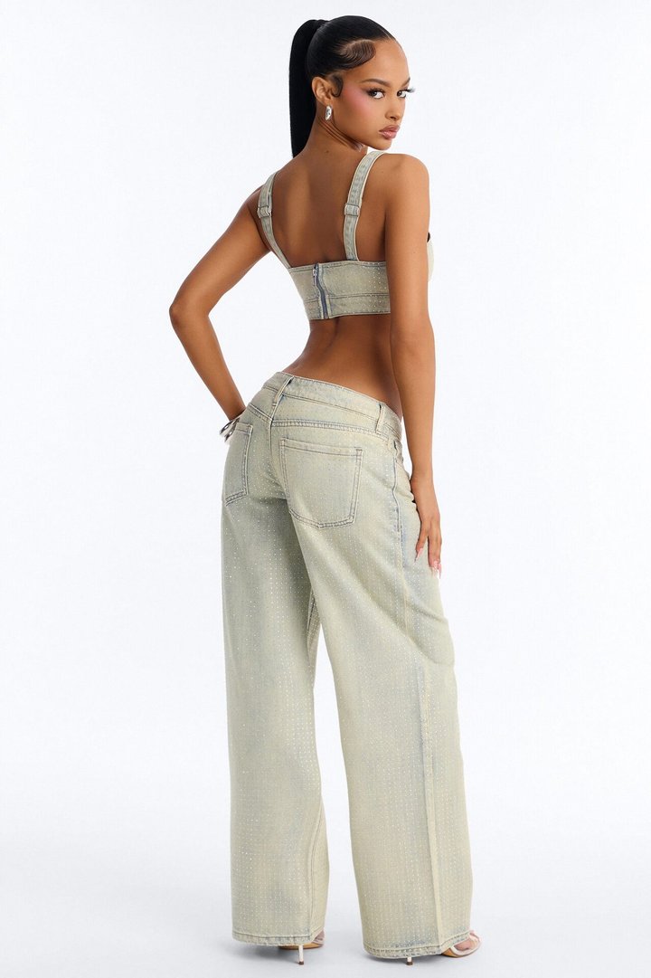 It Girl Rhinestone Denim Pant Set - Light Wash