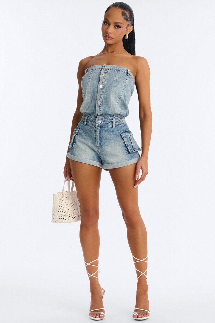 Dina Denim Cargo Strapless Romper - Medium Wash