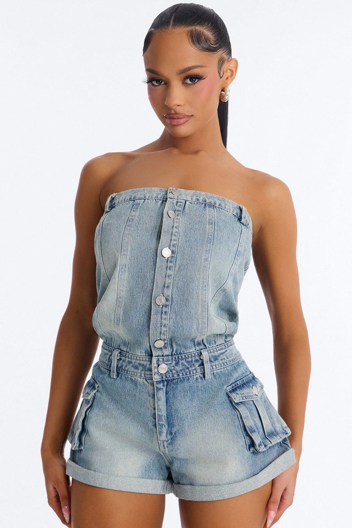 Dina Denim Cargo Strapless Romper - Medium Wash