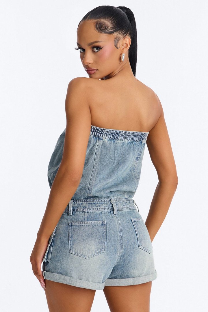 Dina Denim Cargo Strapless Romper - Medium Wash