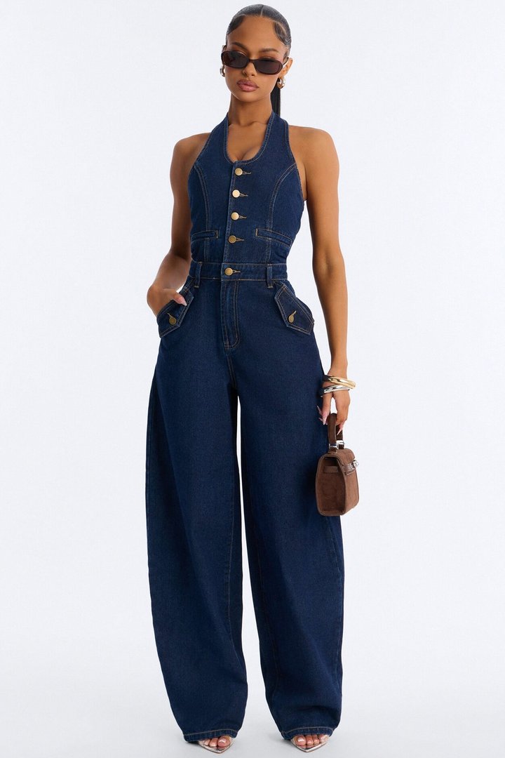 Mariah Denim Halter Wide Leg Jumpsuit - Dark Wash