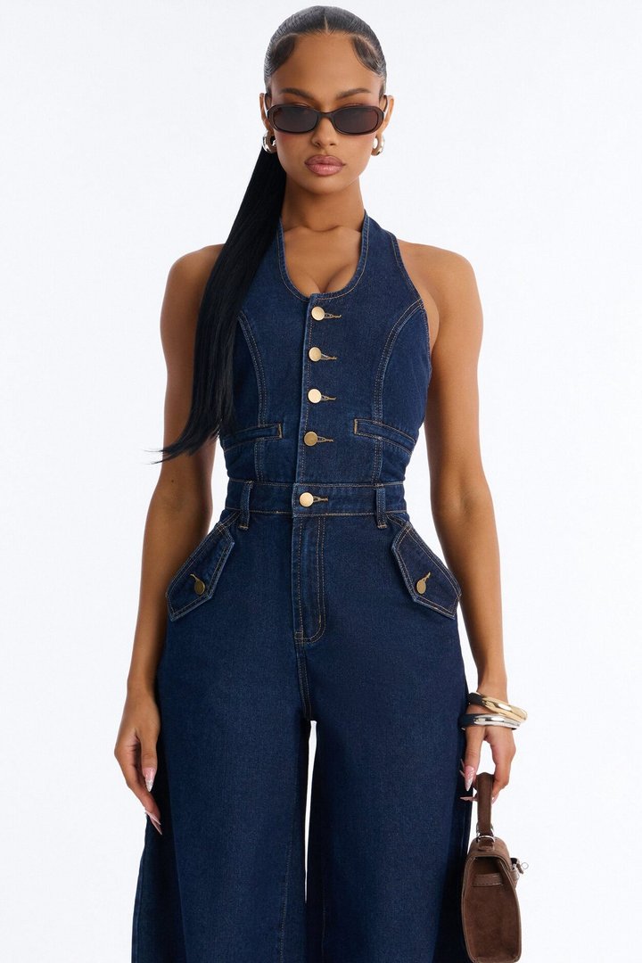 Mariah Denim Halter Wide Leg Jumpsuit - Dark Wash