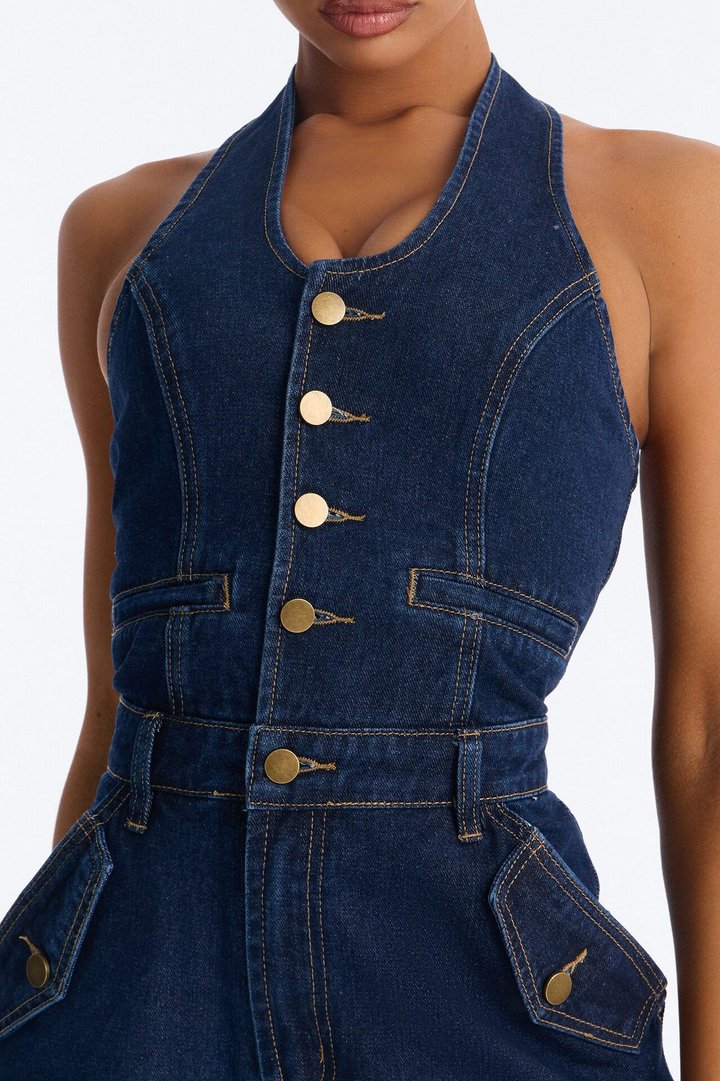 Mariah Denim Halter Wide Leg Jumpsuit - Dark Wash