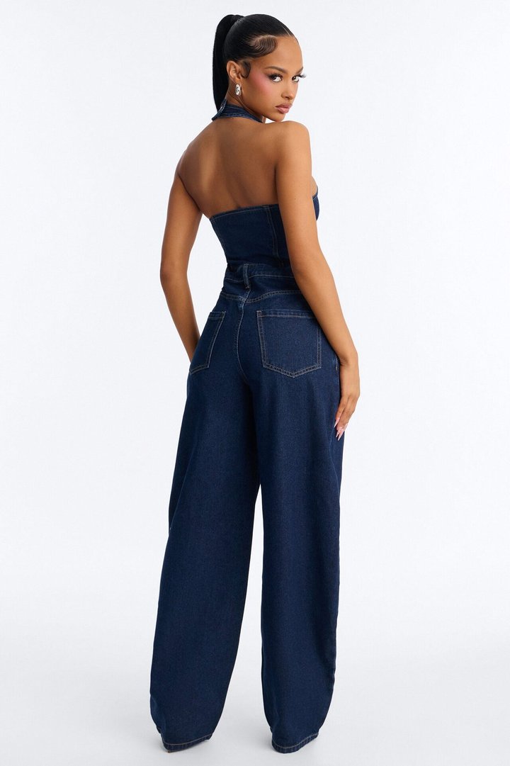 Mariah Denim Halter Wide Leg Jumpsuit - Dark Wash