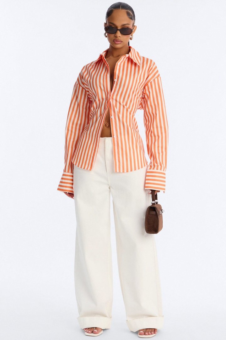 Elevated Fun Tie Back Striped Poplin Shirt - Orange/combo
