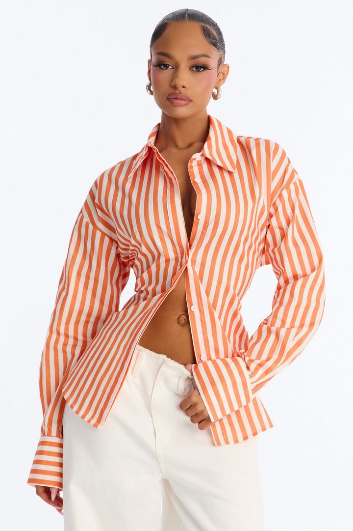 Elevated Fun Tie Back Striped Poplin Shirt - Orange/combo