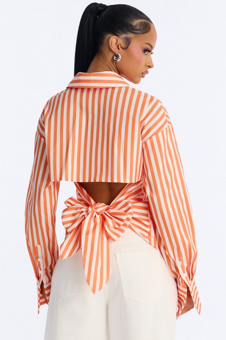 Elevated Fun Tie Back Striped Poplin Shirt - Orange/combo