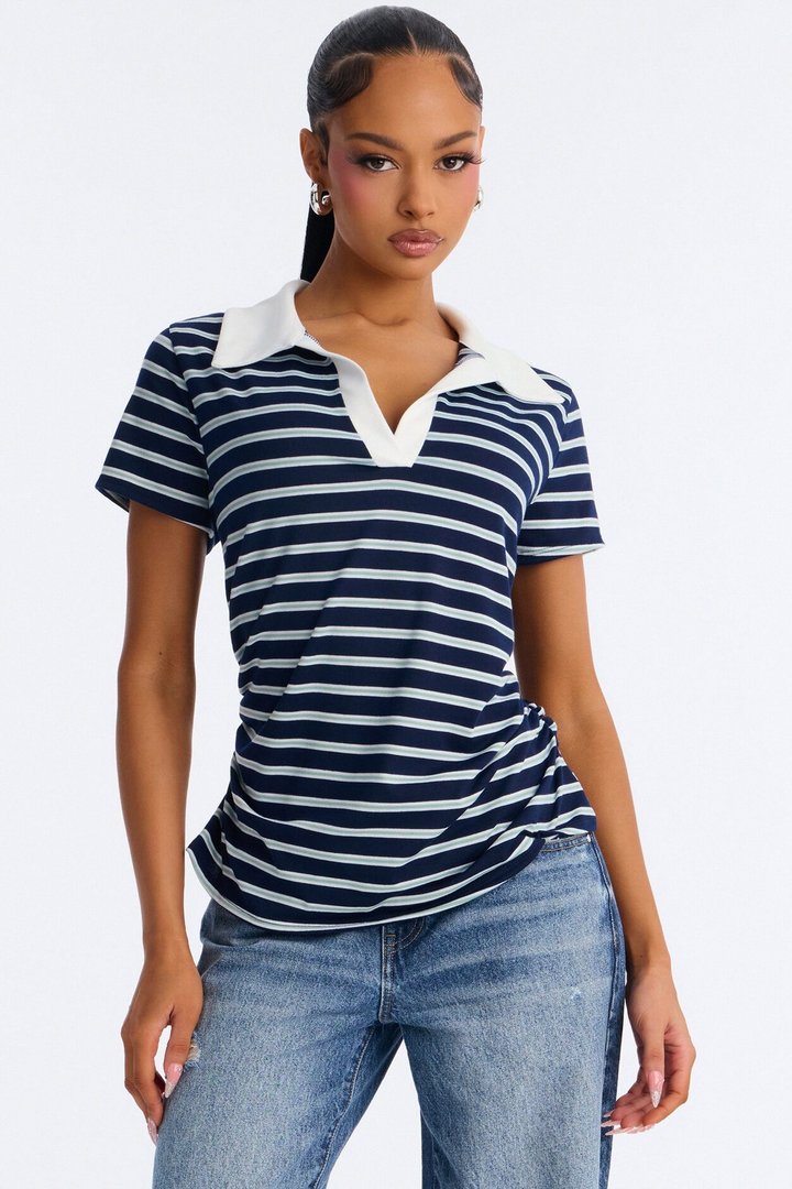 Leena Striped Short Sleeve Polo Top - Navy/combo