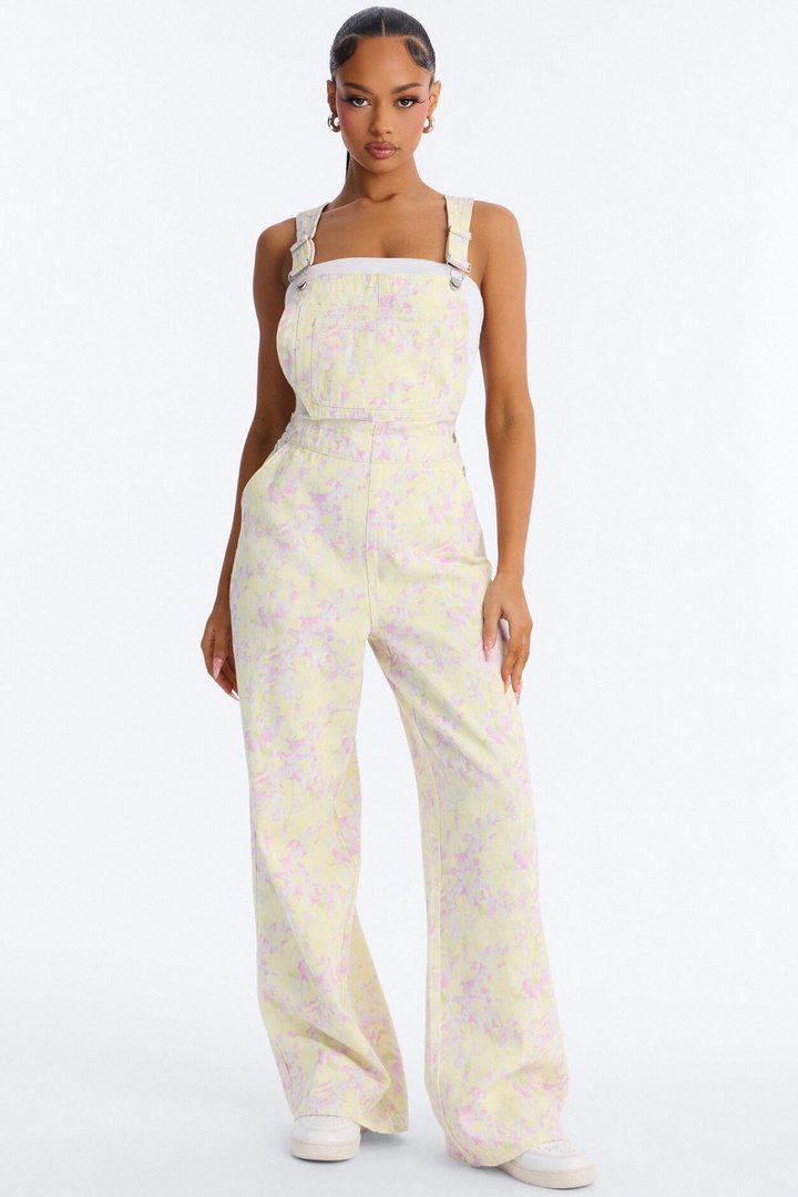 In The Garden Floral Print Denim Overalls - Yellow/combo