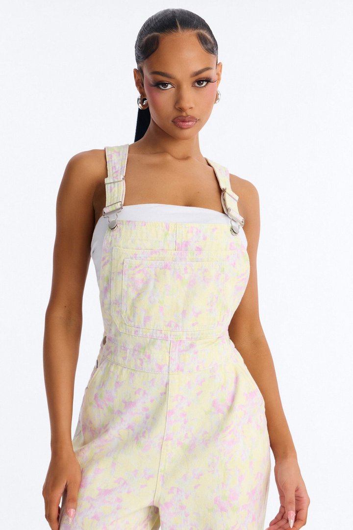 In The Garden Floral Print Denim Overalls - Yellow/combo