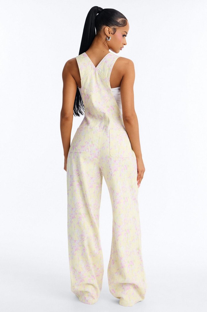 In The Garden Floral Print Denim Overalls - Yellow/combo