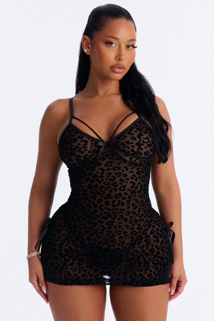 Gabrielle Burnout Leopard Mesh Chemise - Black