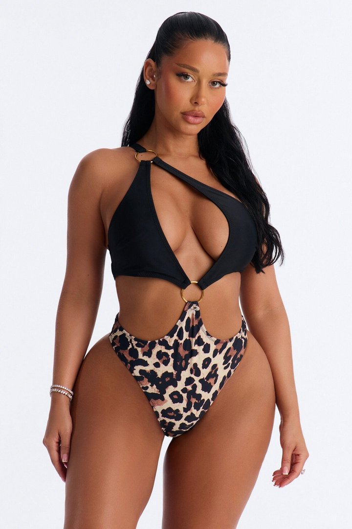 Out In The Wild Leopard 1 Piece Cut Out One Shoulder Swimsuit - Leopard