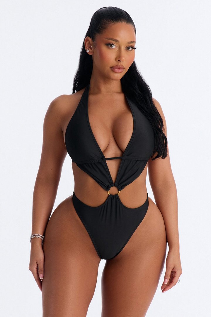 Shelby 1 Piece Cut Out Halter Swimsuit - Black