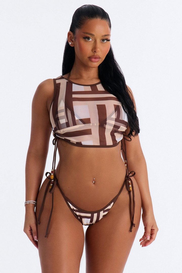 Boss Babe 3 Piece Abstract Triangle Bikini & Cover Up Top Sunsuit - Brown/combo