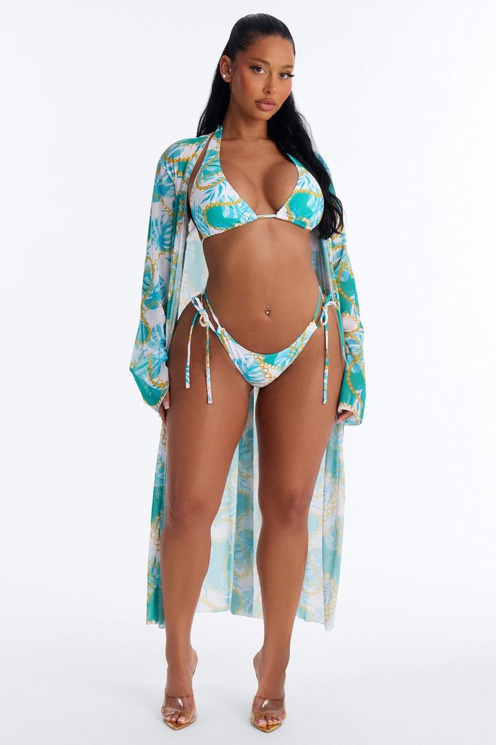 Get On My Wave 3 Piece Tropical Bikini & Cover Up Maxi Kimono Sunsuit - Mint