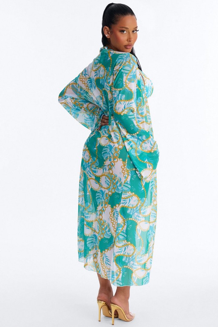 Get On My Wave 3 Piece Tropical Bikini & Cover Up Maxi Kimono Sunsuit - Mint