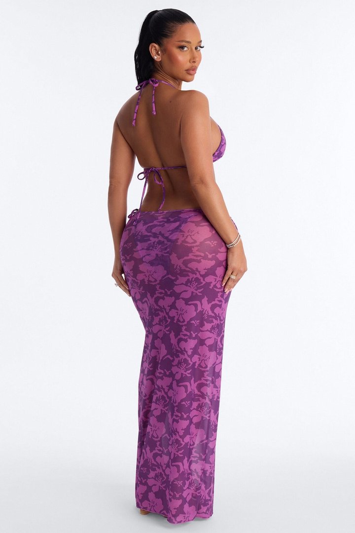 Mirella 3 Piece Floral Triangle Bikini & Cover Up Skirt Sunsuit - Purple