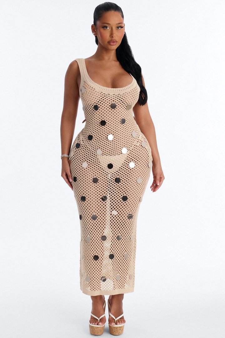 Romina Mesh Embellished Swim Cover Up Maxi Dress - Cream