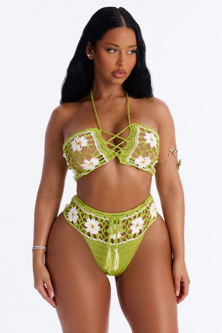 Get That Glow 2 Piece Bandeau Floral Crochet Sunsuit - Olive