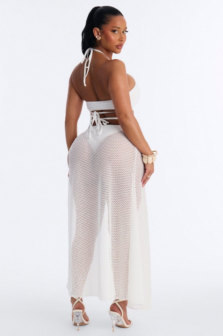 Deep End Diva 3 Piece Pearl Strappy Bralette Bikini & Crochet Cover Up Sarong Sunsuit - Cream
