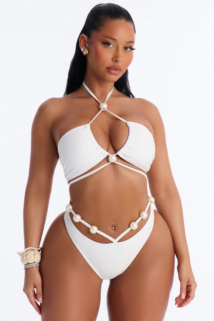 Deep End Diva 3 Piece Pearl Strappy Bralette Bikini & Crochet Cover Up Sarong Sunsuit - Cream